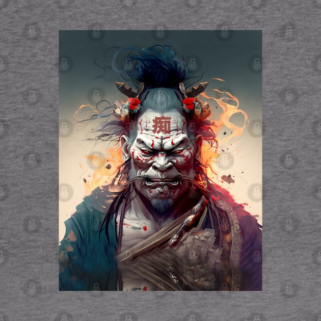 Wrath of a Samurai No. 2: Oni Transformation  -- Perturbed Samurai with the word for "Idiot", "Stupid" in kanji (痴 [chī] ) on his forehead by Puff Sumo